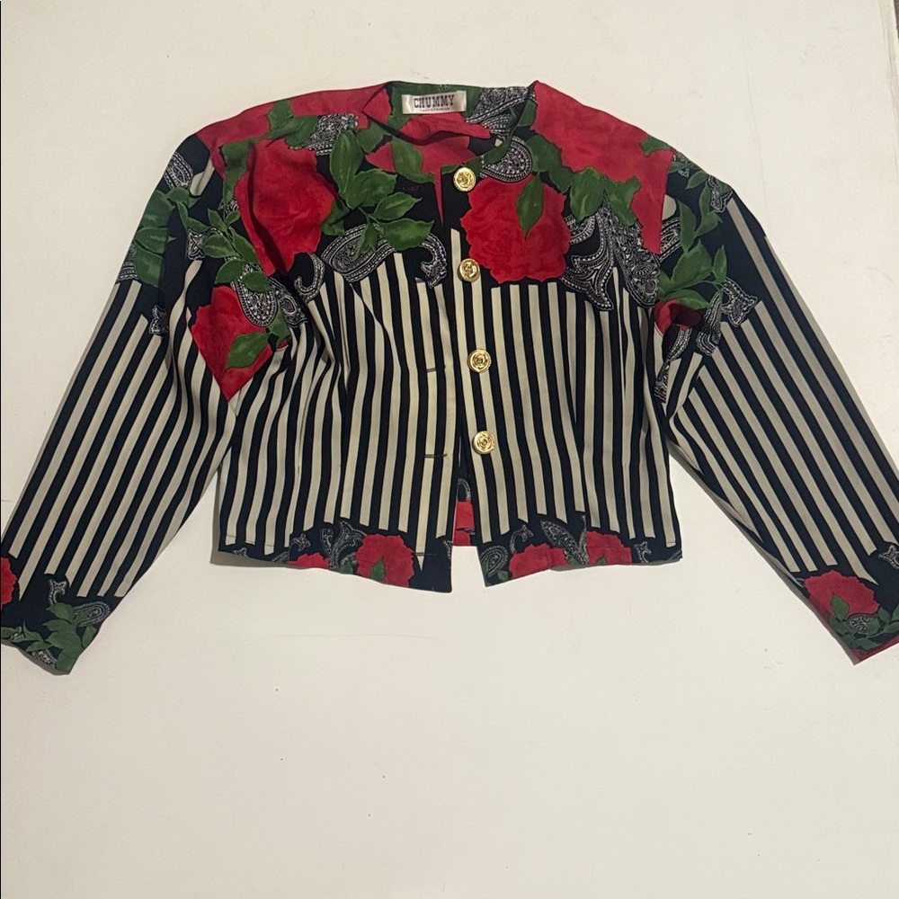 Vintage Chummy Lady’s Fashion Striped Floral Button Down Blouse